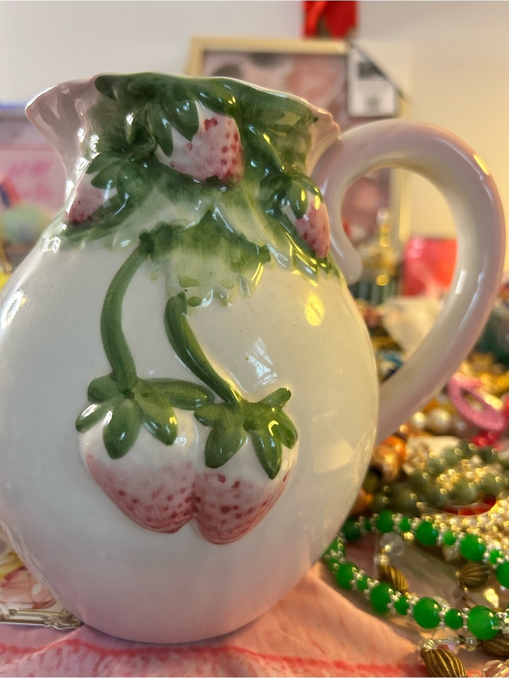 Vintage Hand-Painted Strawberry Ceramic Pitcher Alcobaca Portugal 7 x 8 Planter
